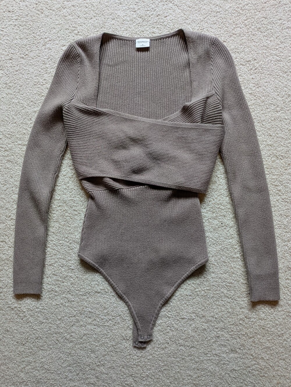 Abercrombie & Fitch Taupe Ribbed Wrap-Front Long Sleeve Sweater Bodysuit